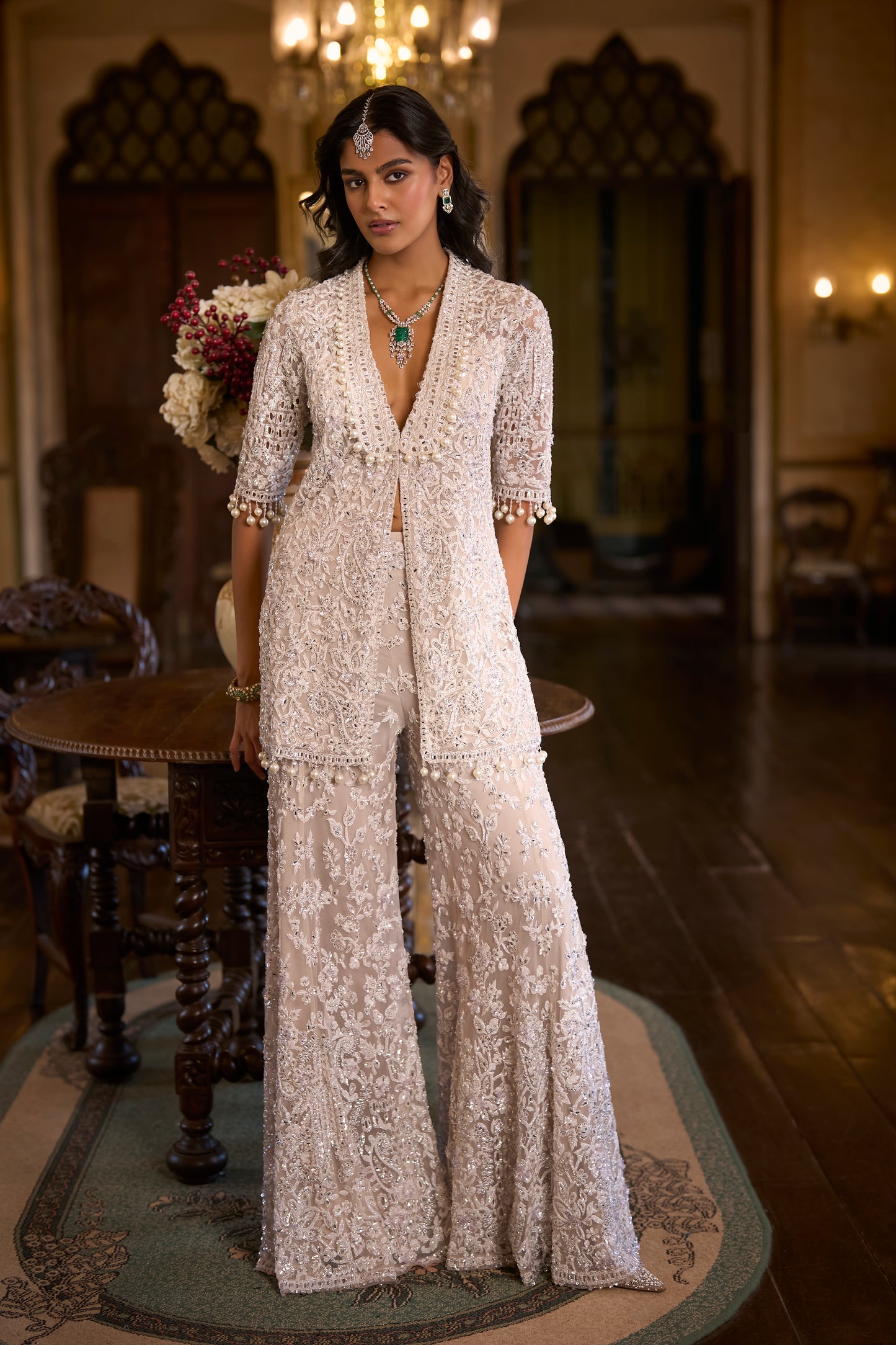 White Sequin Jacket Sharara Pant Set