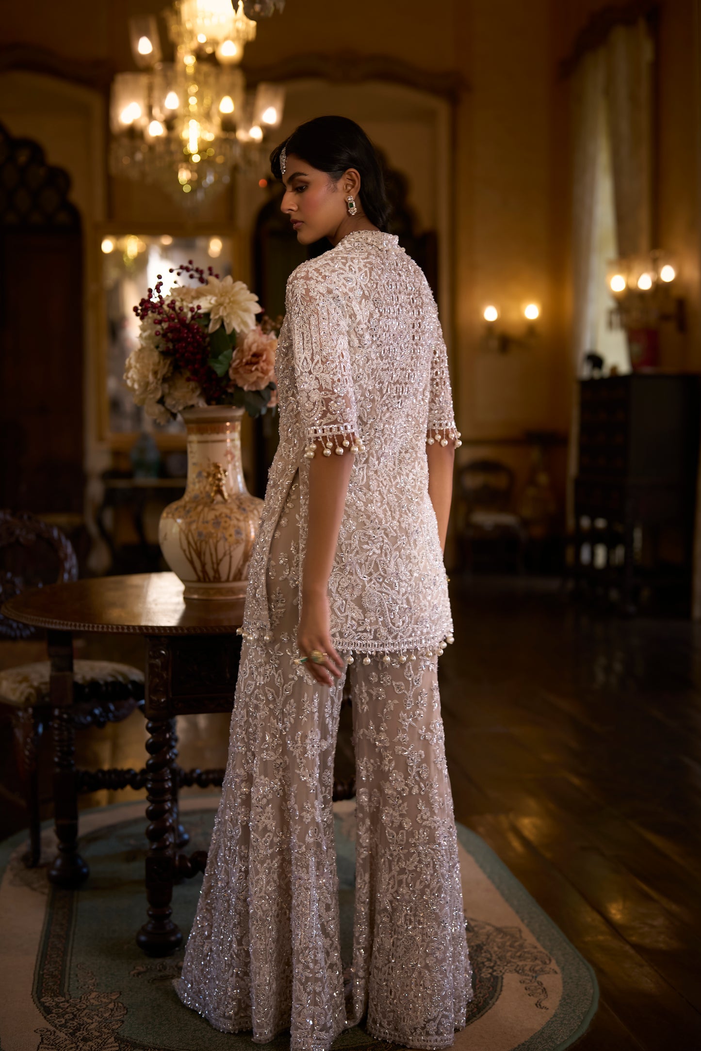 White Sequin Jacket Sharara Pant Set