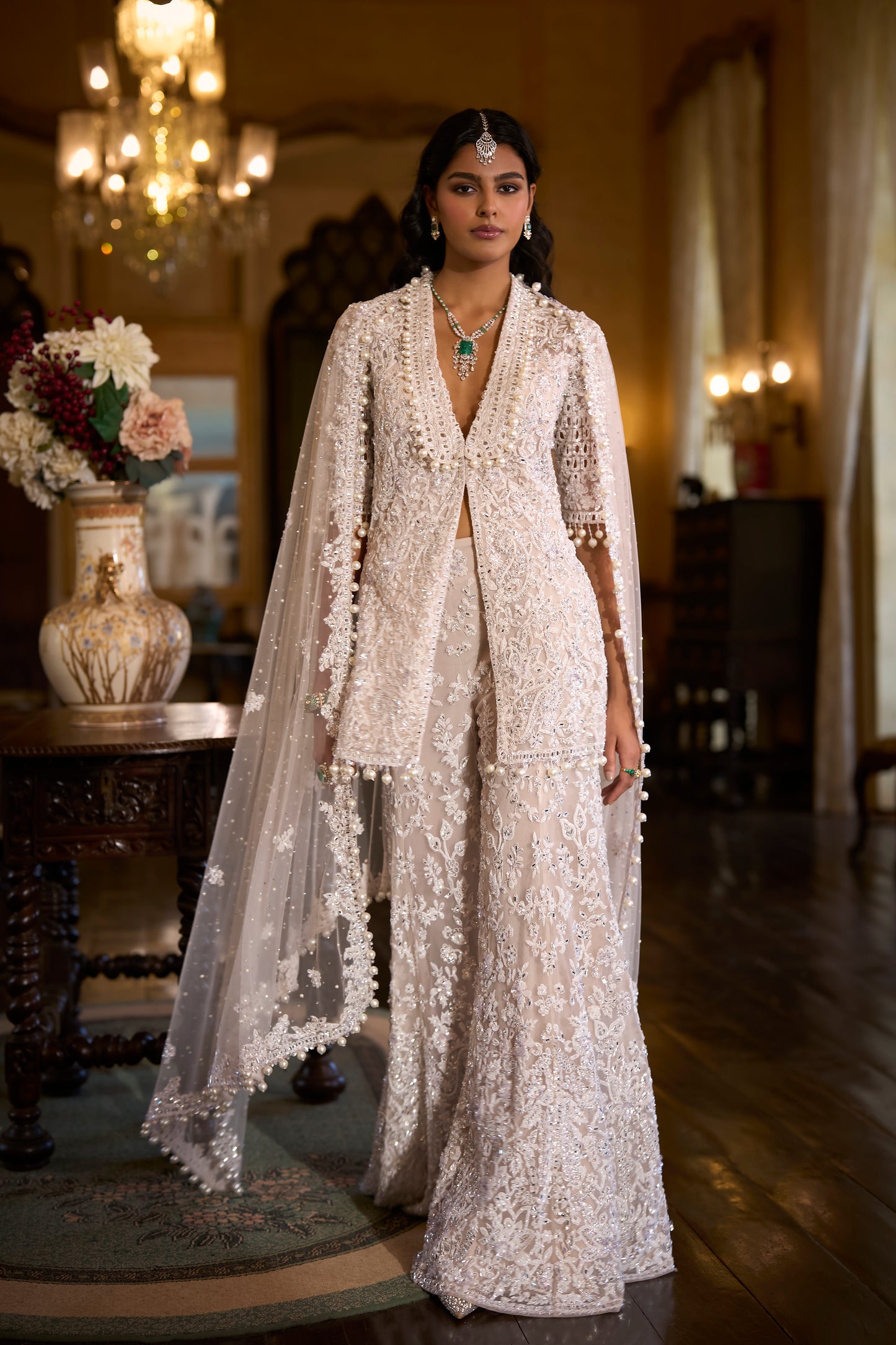 White Sequin Jacket Sharara Pant Set
