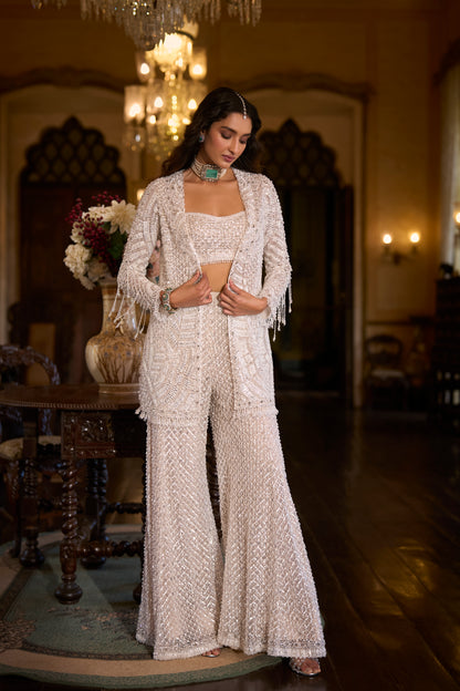 White Sequin Jacket Sharara Pant Set