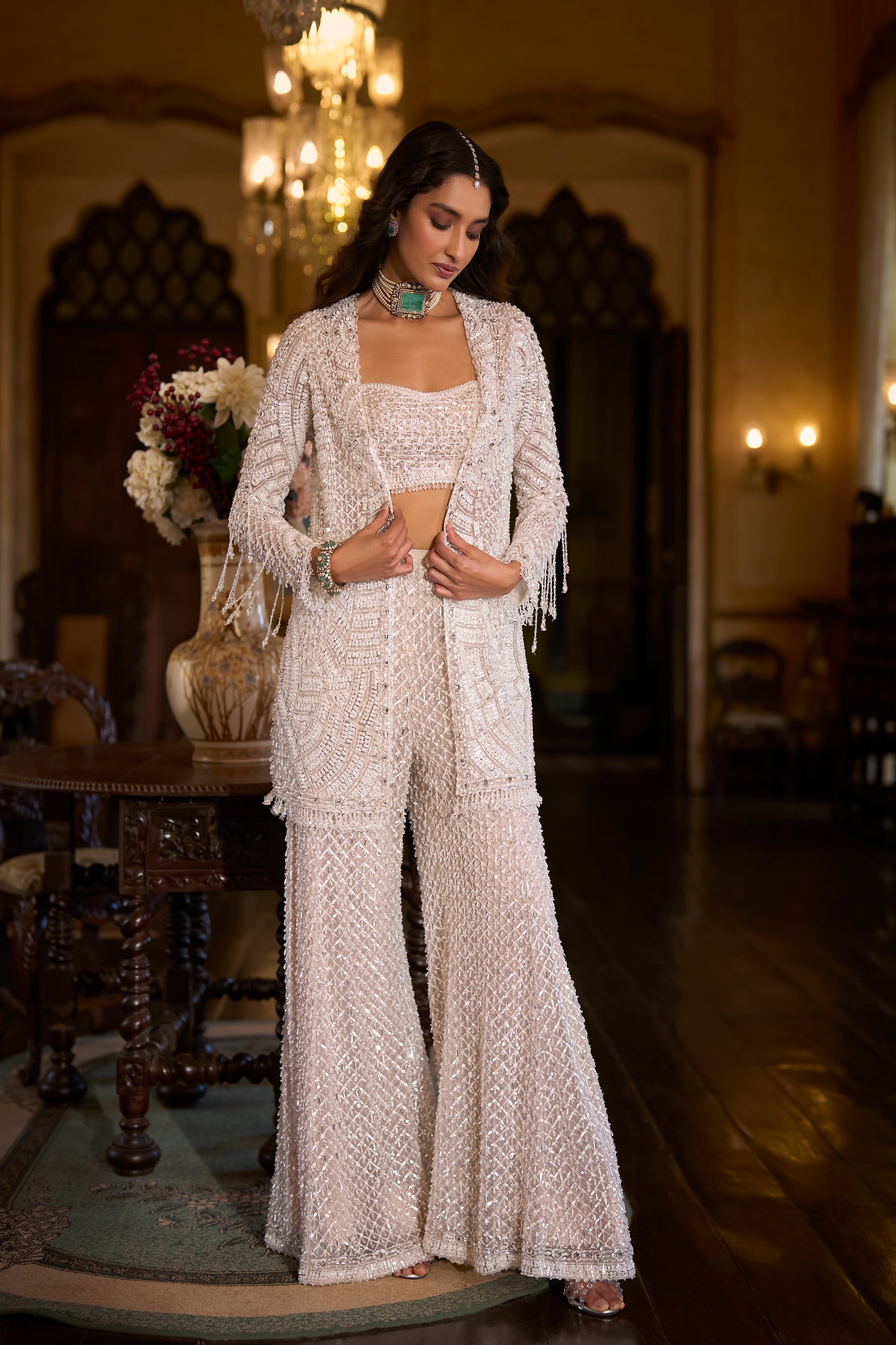 White Sequin Open Jacket - Sharara Pant Set