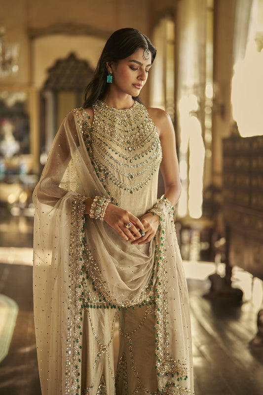 Champagne Emerald Crystal Sharara Set