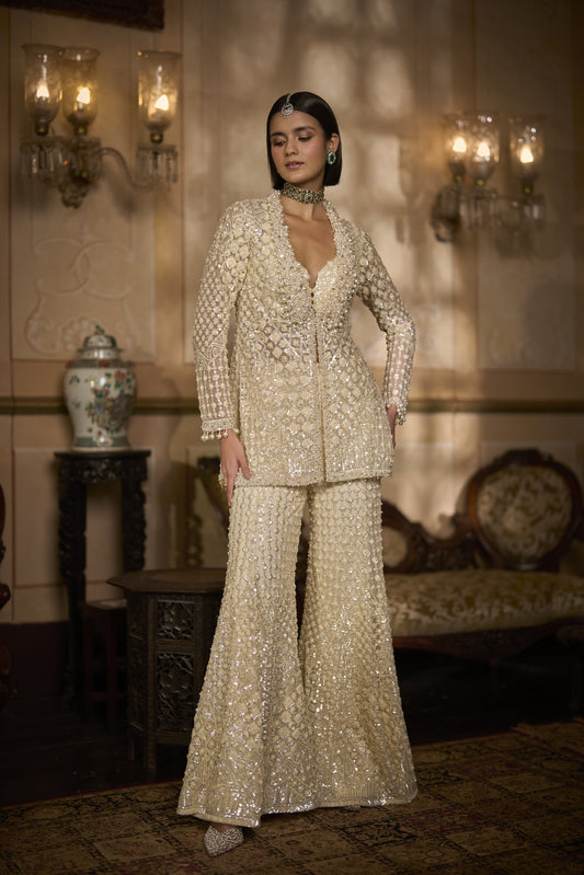 Cream Open Jacket Sharara - Pant Set