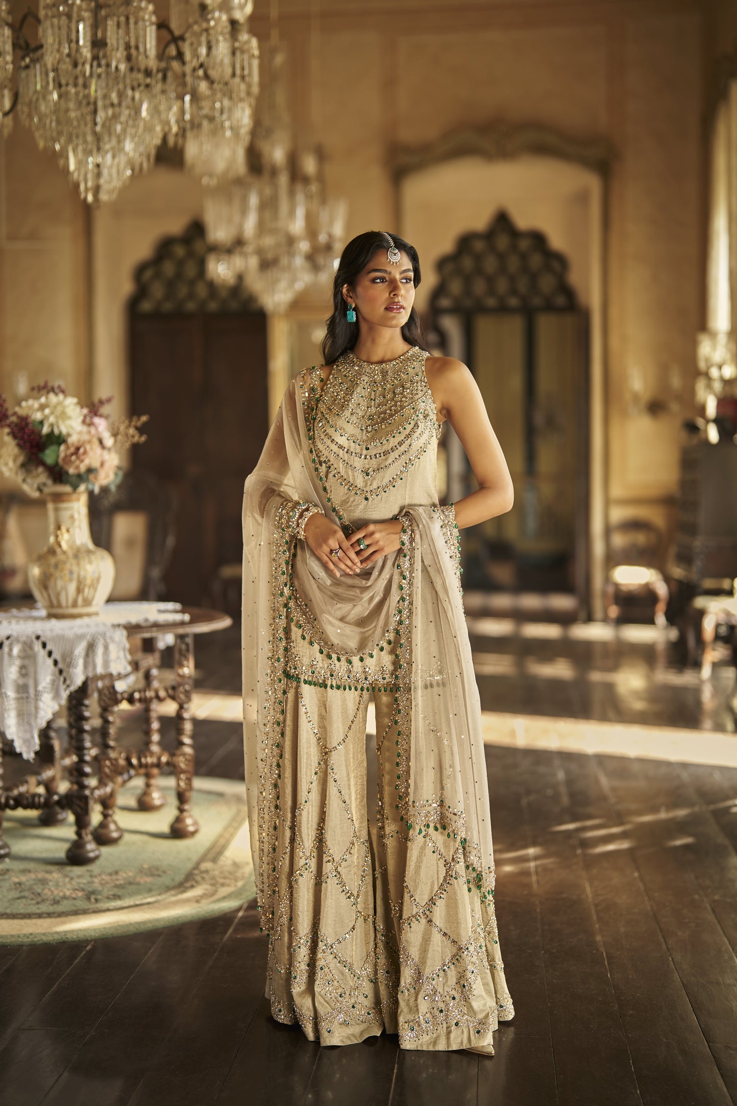 Champagne Emerald Crystal Sharara Set