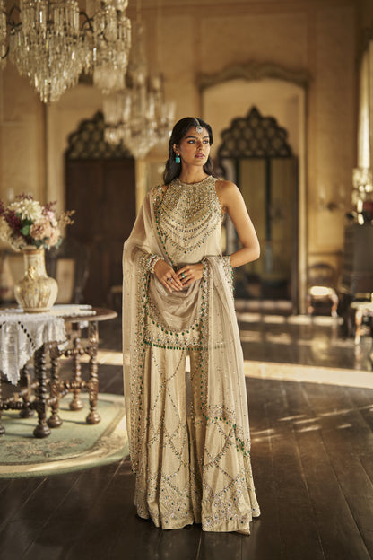 Champagne Emerald Crystal Sharara Set