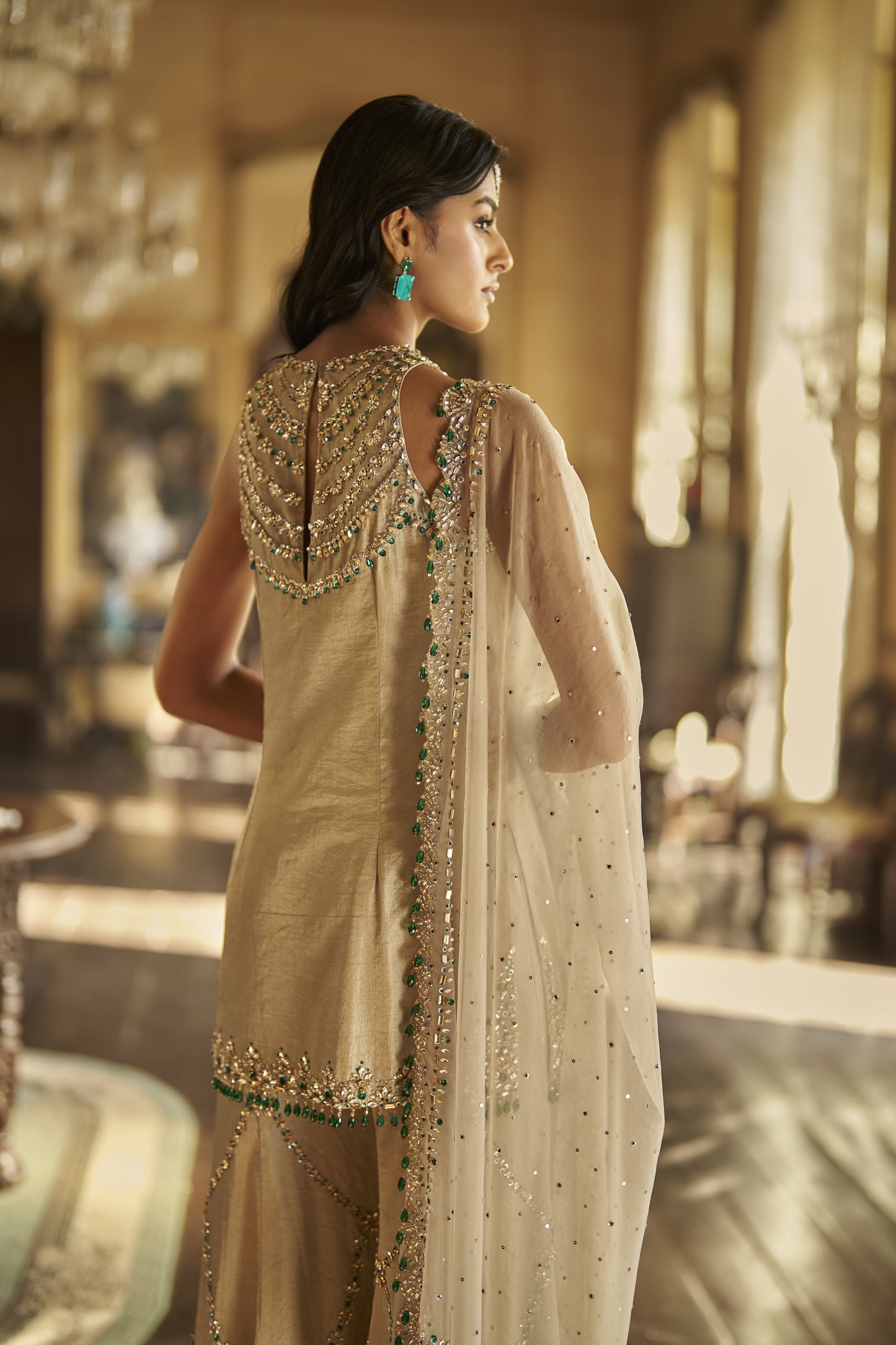 Champagne Emerald Crystal Sharara Set