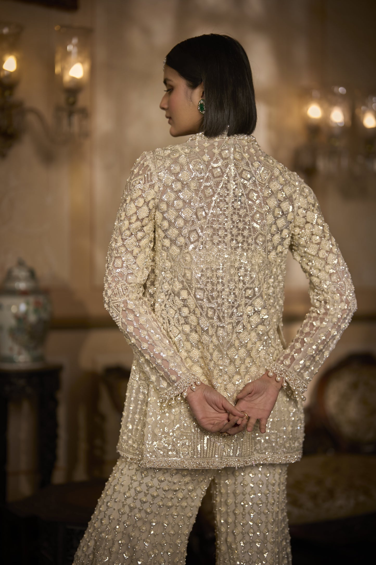 Cream Open Jacket Sharara - Pant Set