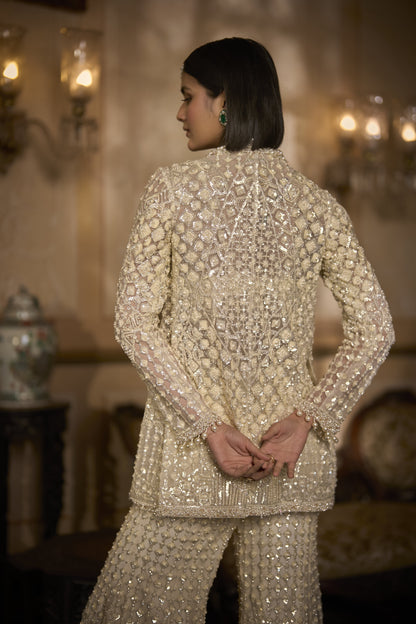 Cream Open Jacket Sharara - Pant Set