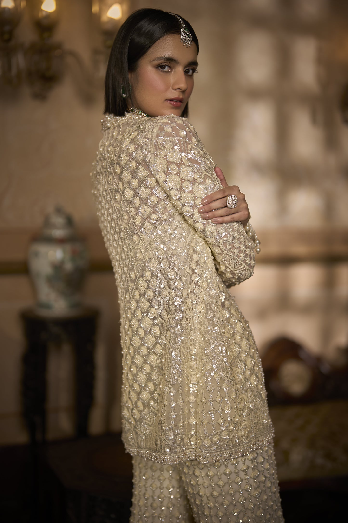 Cream Open Jacket Sharara - Pant Set