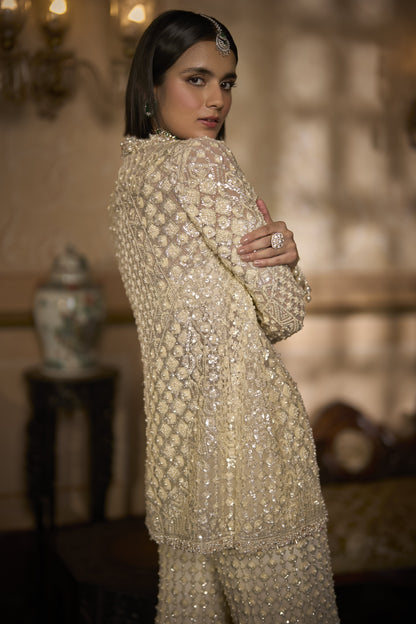 Cream Open Jacket Sharara - Pant Set