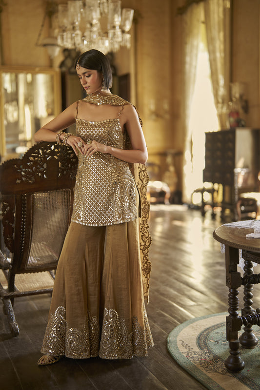 Antique Gold Mirror Sharara Set