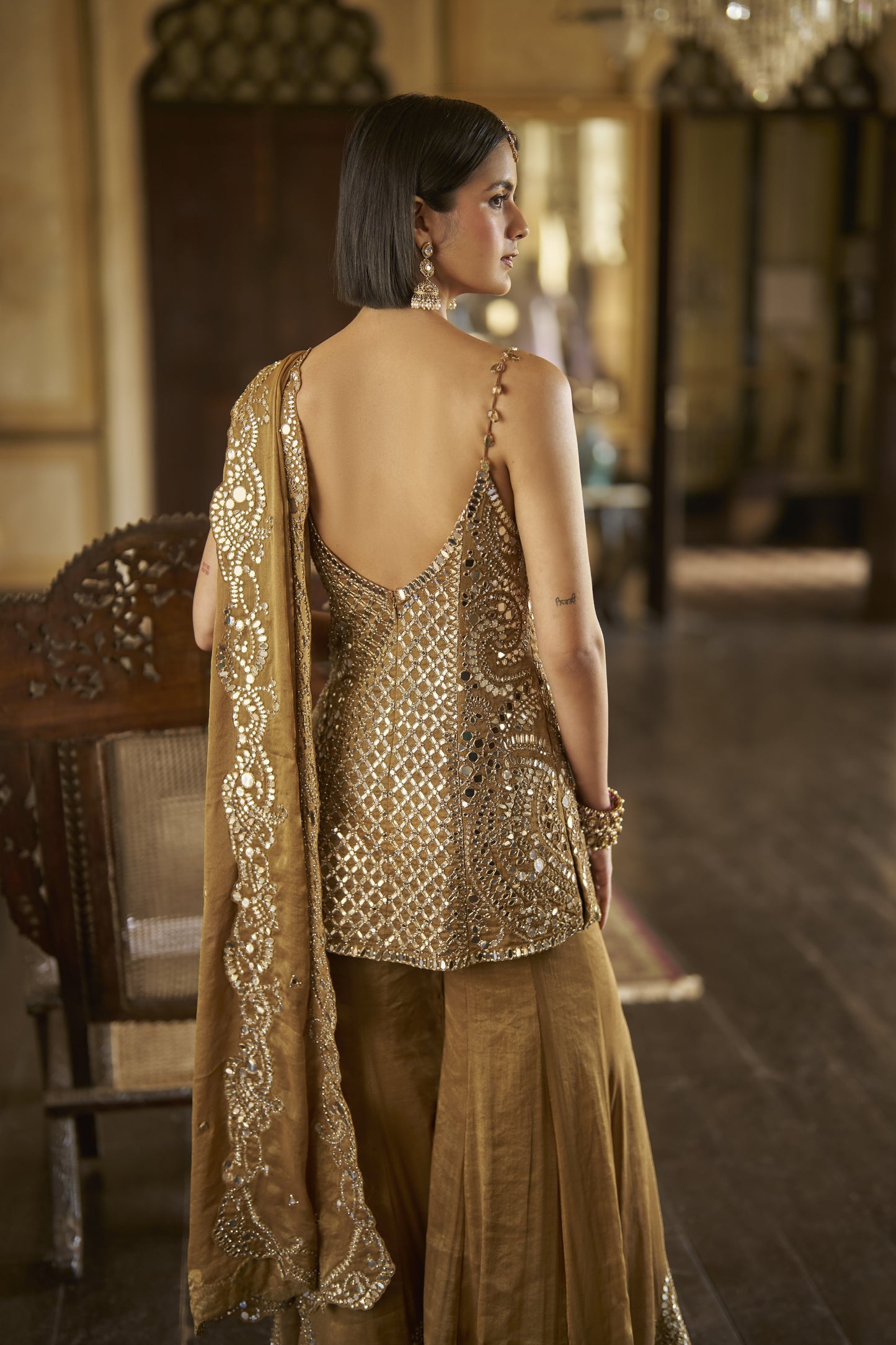Antique Gold Mirror Sharara Set
