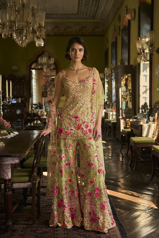 Leaf Green Three-Dimensional Sharara Set