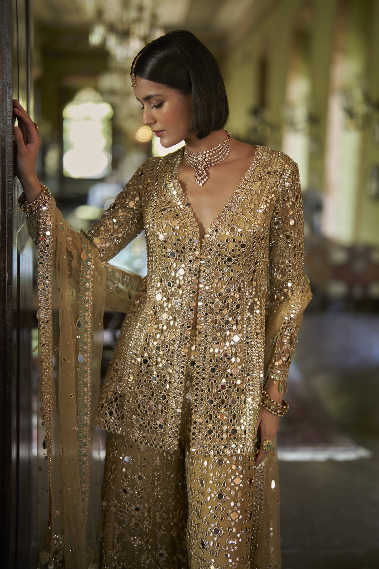 Gold Mirror Work Sharara Set