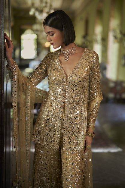 Gold Mirror Work Sharara Set