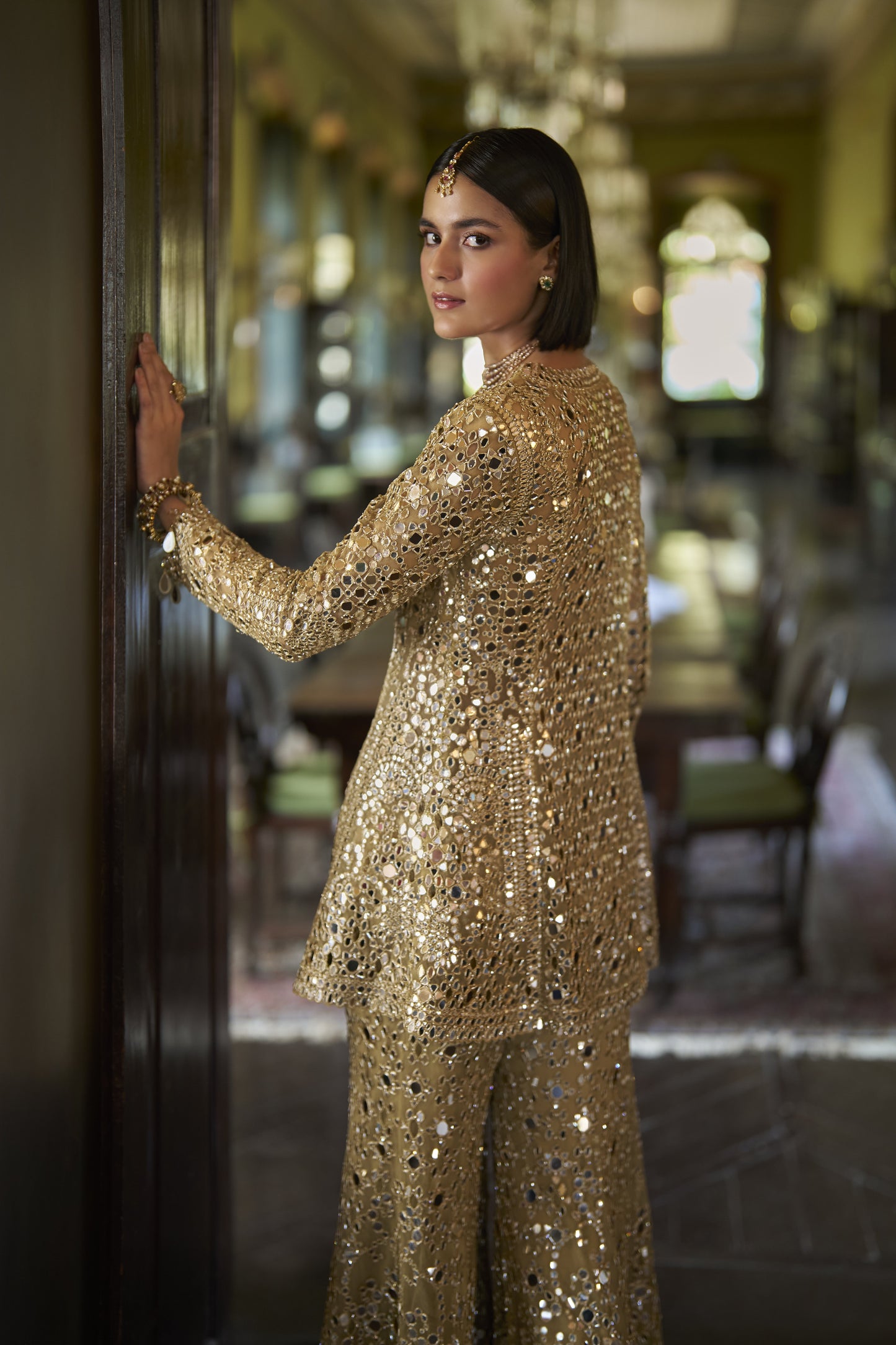Gold Mirror Work Sharara Set