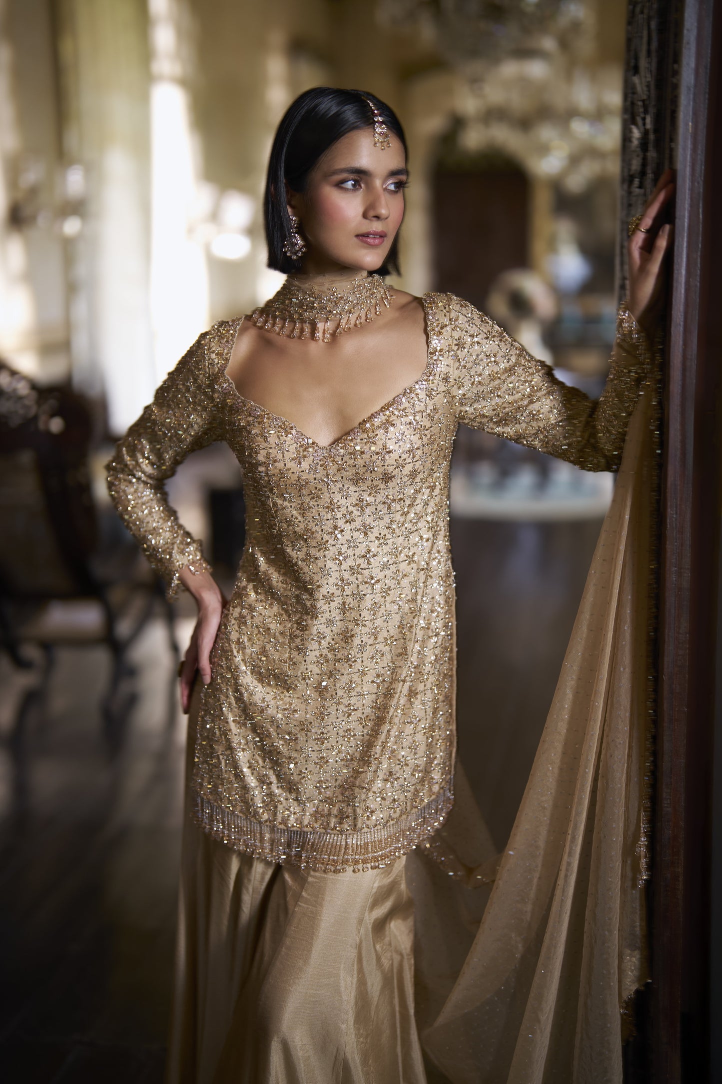 Gold Crystal Sharara Set