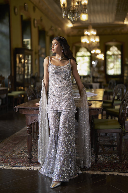 Silver Sequin Sharara Set