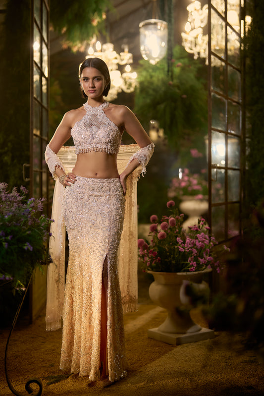 Powder Peach Slit Skirt Set