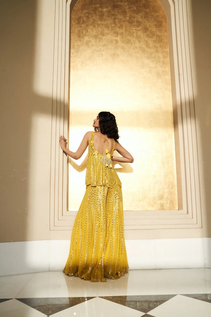 Shilpa Shetty In Mustard Yellow Mirror Work Sharara Set