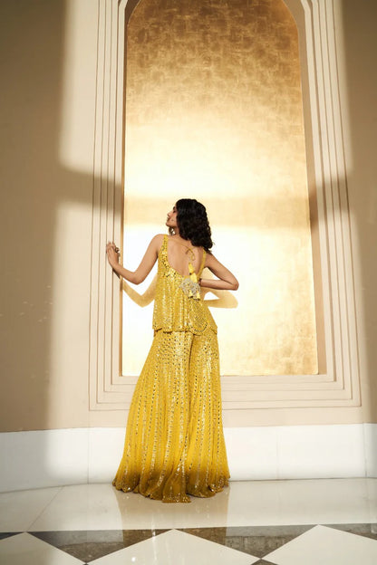 Shilpa Shetty In Mustard Yellow Mirror Work Sharara Set