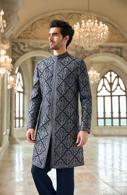 Navy & Silver Zari Sherwani Set