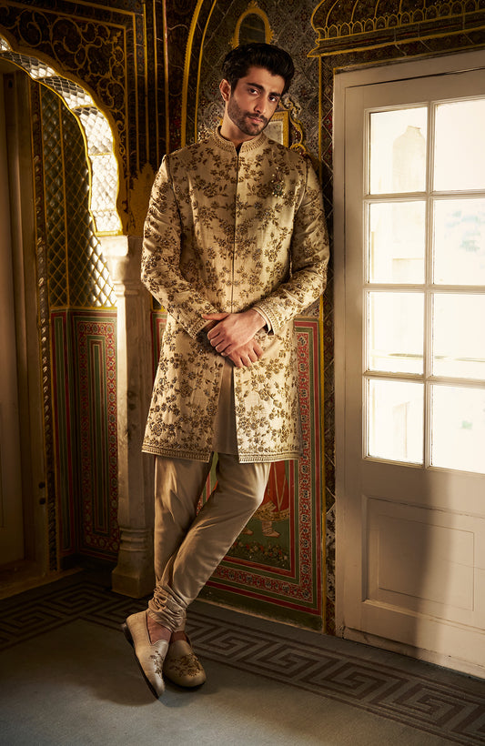 Beige Zardosi Short Sherwani Set